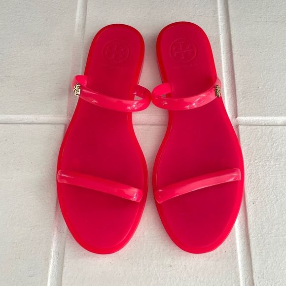 Tory Burch Shoes - Tory Burch Logo Jelly Slides Size 5 Hot Neon Barbie Pink Sandals